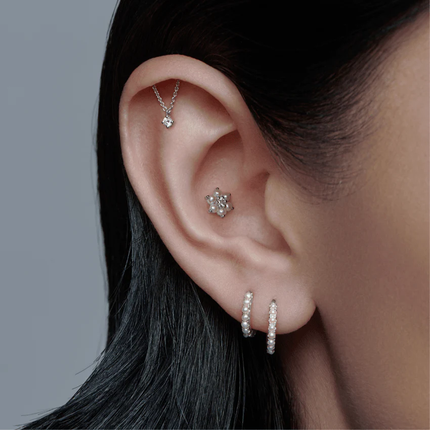 Pearl Flower with Diamond Center Threaded Stud Earring With Titanium Backing - Image 4