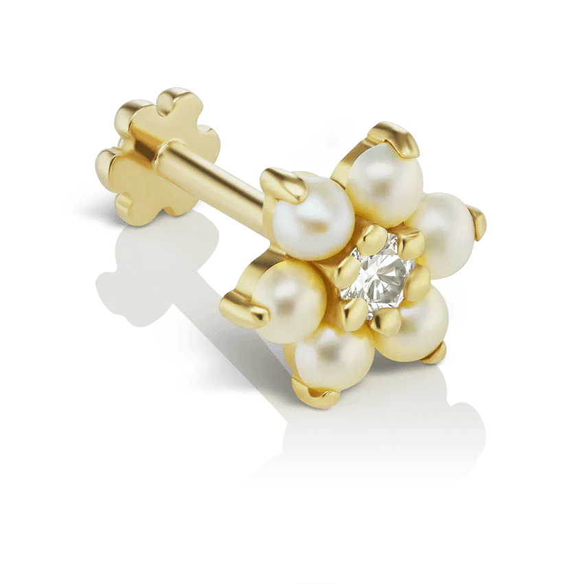 Pearl Flower with Diamond Center Threaded Stud Earring With Titanium Backing - Image 6