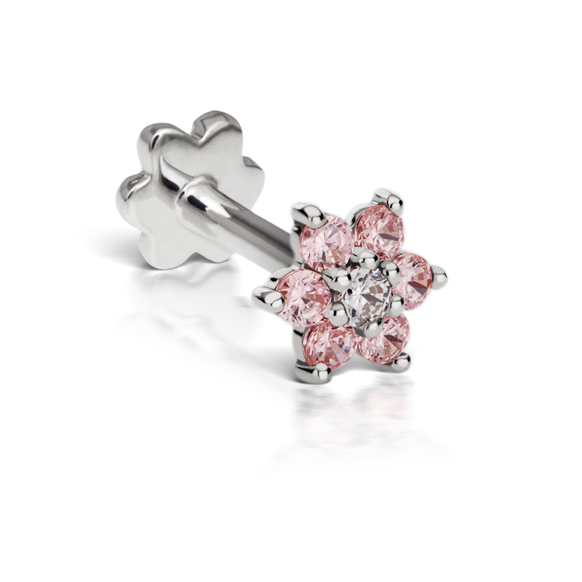 Pink Diamond Flower Threaded Stud Earring With Titanium Backing