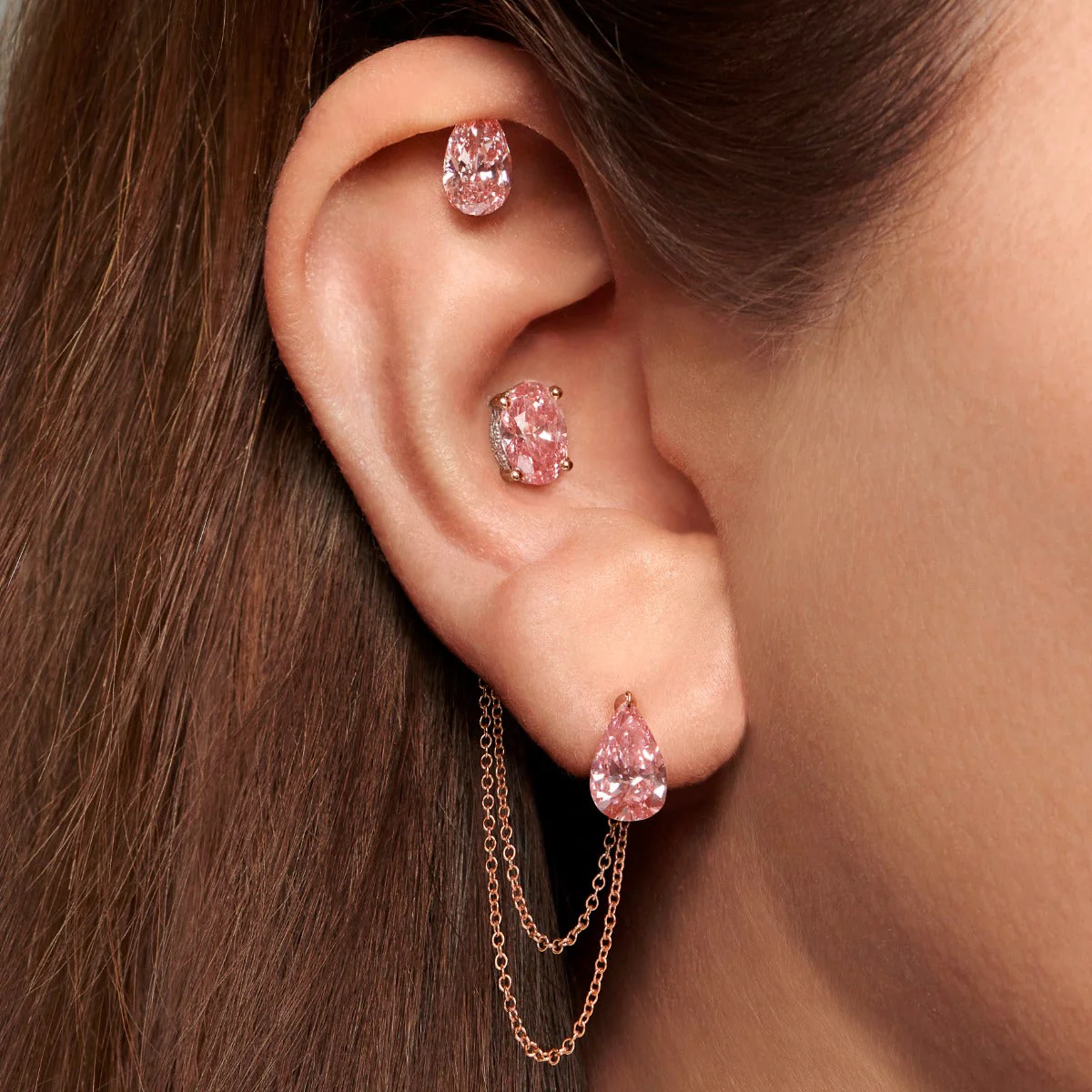 Pink Pear Floating Diamond Threaded Charm Earring With Titanium Backing - Image 4