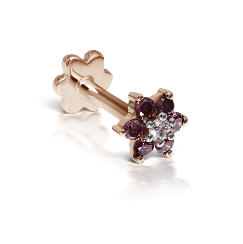 Rose Purple Diamond Flower Threaded Stud Earring With Titanium Backing - Image 10