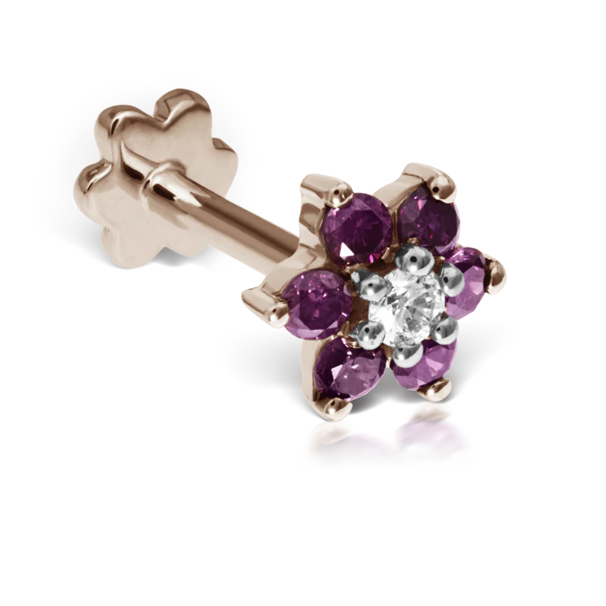 Rose Purple Diamond Flower Threaded Stud Earring With Titanium Backing - Image 13