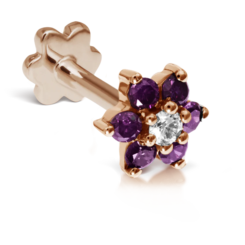 Rose Purple Diamond Flower Threaded Stud Earring With Titanium Backing - Image 17