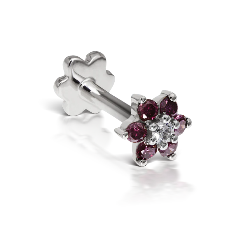 Rose Purple Diamond Flower Threaded Stud Earring With Titanium Backing - Image 2