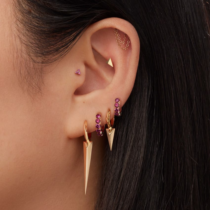 Rose Purple Diamond Trinity Threaded Stud Earring With Titanium Backing - Image 3