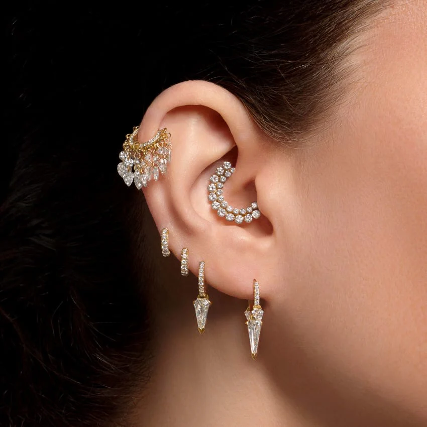 Silhouette Diamond Triple Long Spike Eternity Hoop Earring - Image 3