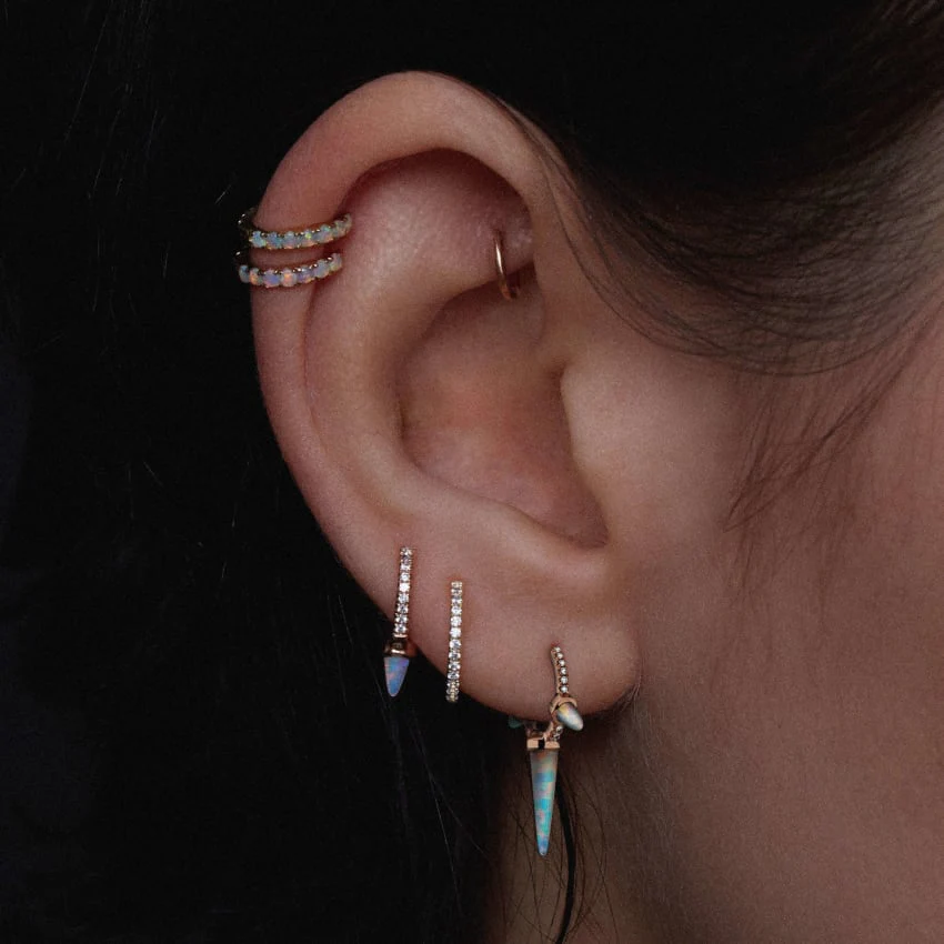 Single Short Opal Spike Diamond Eternity Hoop Earring - Image 17