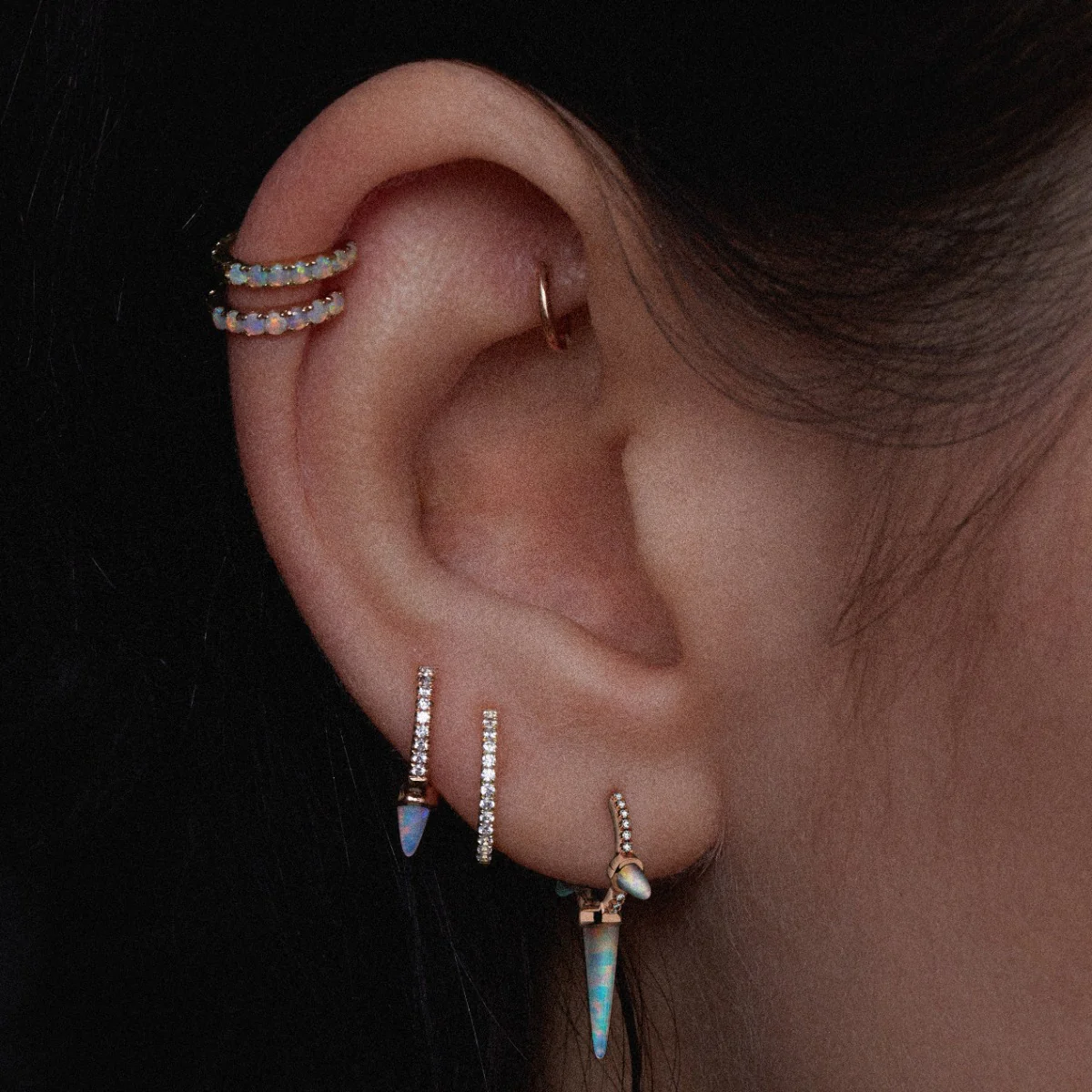 Single Short Opal Spike Diamond Eternity Hoop Earring - Image 23