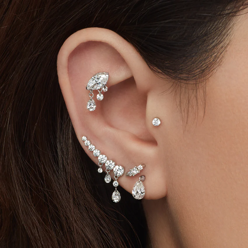 Triple Teardrop Marquise Diamond Threaded Stud Earring - Image 5