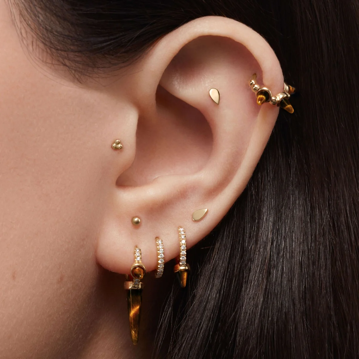 Tiger's Eye Short Spike Diamond Eternity Hoop Earring - Image 7