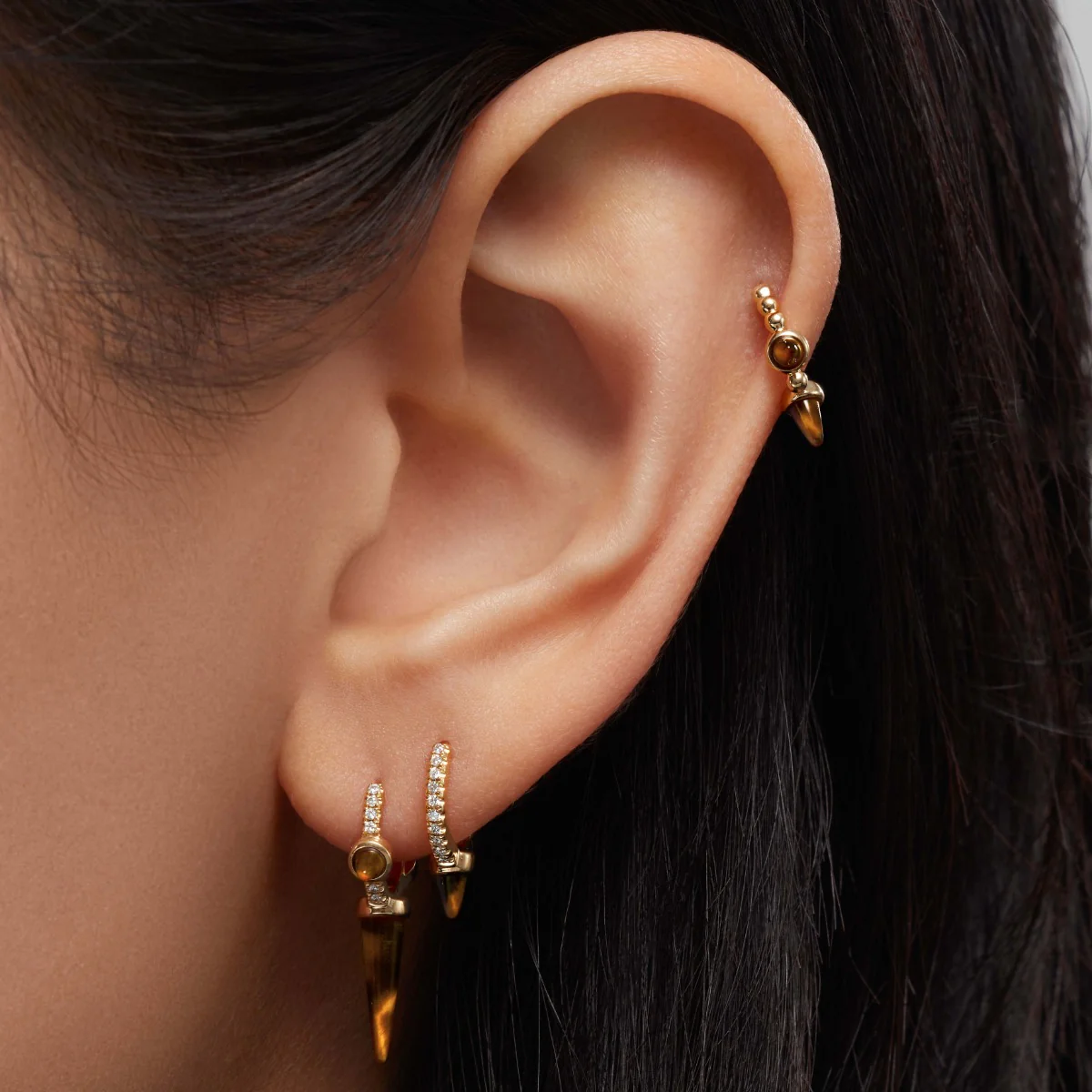 Tiger's Eye Triple Long Spike Diamond Eternity Hoop Earring - Image 8