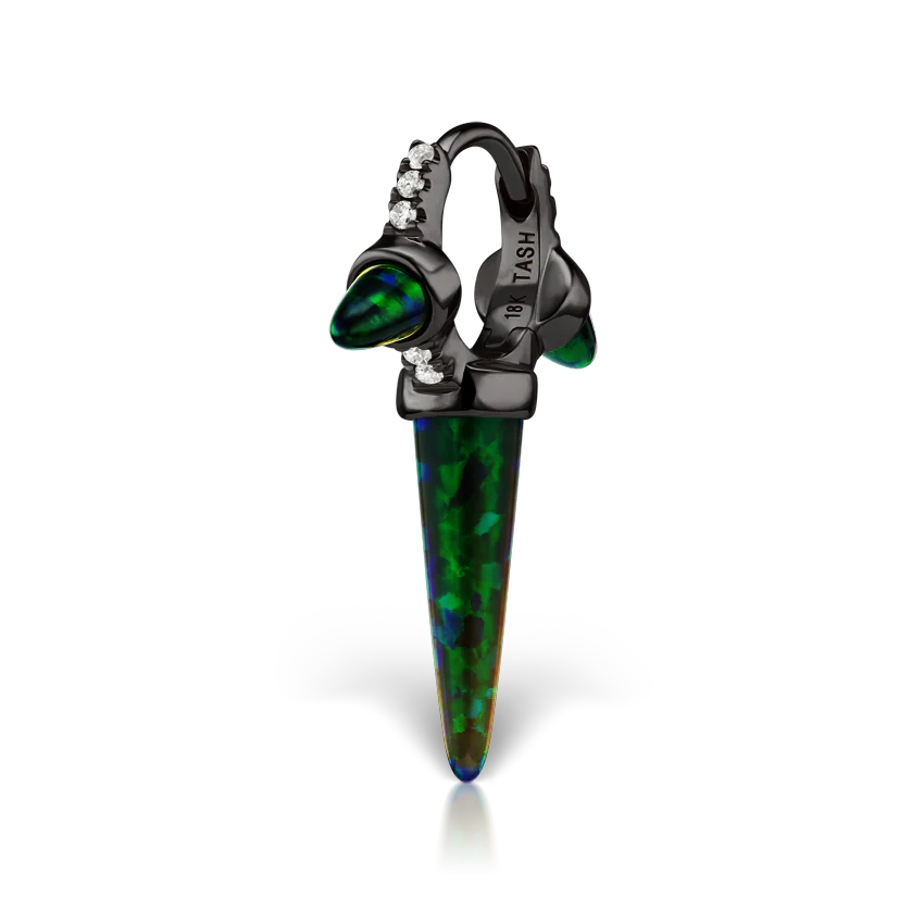 Triple Long Black Opal Spike Diamond Eternity Hoop Earring - Image 14