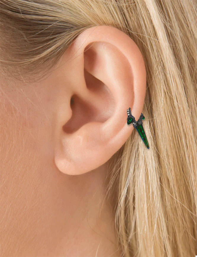 Triple Long Black Opal Spike Diamond Eternity Hoop Earring - Image 16